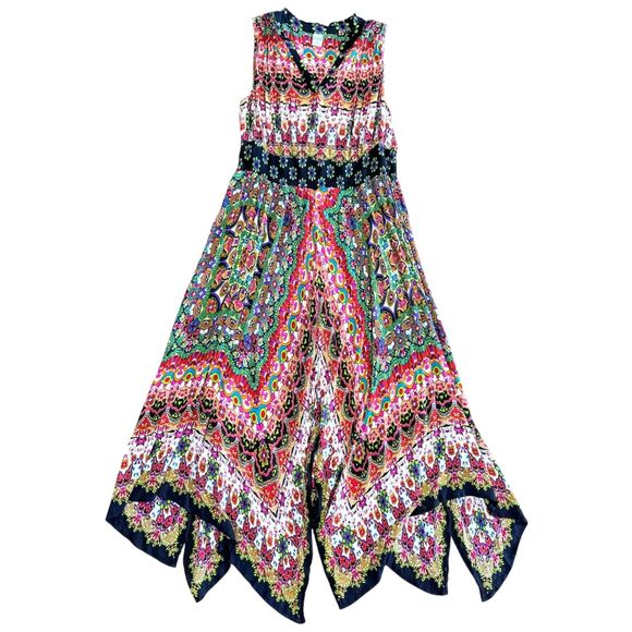 Bila Women XL Maxi Dress Multicolor Boho Paisley Smocked Waist Sharkbite Hem - Picture 2 of 10